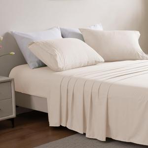 4 Piece Pearled Ivory Queen Bed Sheet Set, Ultra Soft Washed Brushed Microfiber Cotton-Like, Fitted Sheet Queen Size & Flat sheet & 2 Pillowcases - Deep Pocket, Breathable, Fade Resistant,Easy Care