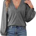 Agnes Urban Womens V Neck Long Sleeve Tops Dressy Casual Fall Shirts Puff Sleeve Loose Tunic Trendy Tops Blouses (Gray, L)