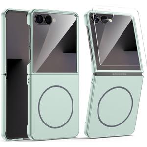 MAKAVO Magnetic for Samsung Galaxy Z Flip 7 Case, Compatible with MagSafe, Built-in Screen Protector, Flip7 Slim Hard Shockproof Phone Cover, Mint Green