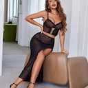 Avidlove Lingerie for Women 3 Pieces Set - Lace Long Nightgown with Side Split, Sexy Chemise for Bridal & Valentine's Day (Black, S)