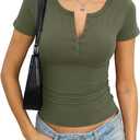 EasyGala Womens Cotton Short Sleeve Shirts V Neck Henley Tops Fitted Basic Going Out Tshirts Summer Fashion Outfits 2026 Army Green, Medium