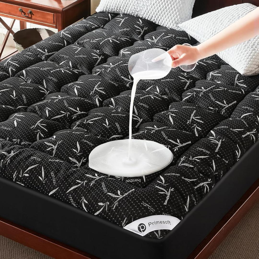 PRIMESOFT 100% Waterproof King Size Mattress Topper, Thick Pillow Top Mattress Pad, Up to 25 Inch Deep Pocket, Soft Breathable Mattress Pad for Back Pain, Protector Cover(Black)