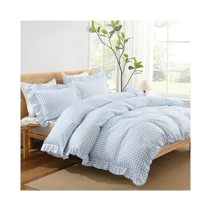 Andency Gingham Duvet Cover Queen, Blue Ruffle Farmhouse Shabby Chic Duvet Cover, 3 Pieces Soft Pre-Washed Microfiber Duvet Cover Set with Zipper Closure & Corner Ties, 90x90Inch