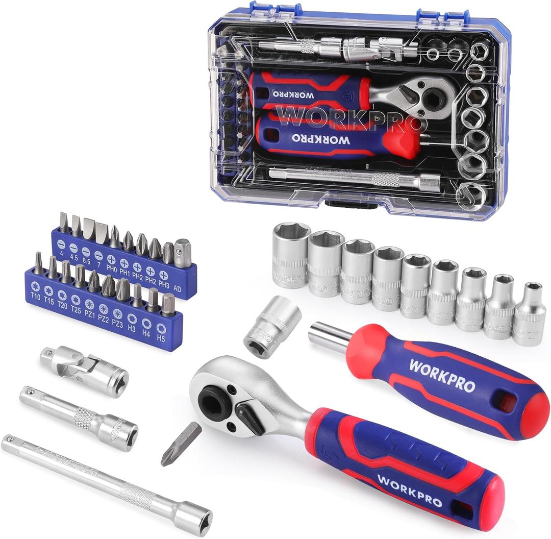 WORKPRO 34 PCS 1/4" Dr. Master Socket Set with 1/4" Stubby Ratchet Bit Driver, Magnetic Bit Driver, Universal Joint, Extensions, 1/4 "Dr. Bit Set, for Auto Repairing and Household, with Storage Case