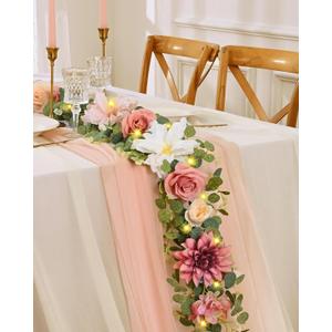 Waipfaru Artificial Flower Garland with Lights, 6.07Ft Lighted Eucalyptus Greenery Garland, Pink Rose Floral Vines for Wedding Table Runner Centerpieces Backdrop Decor