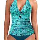 Yonique Womens Two Piece Swimsuits Tummy Control Tankini Plus Size Bathing Suit Halter V Neck Swimwear XL