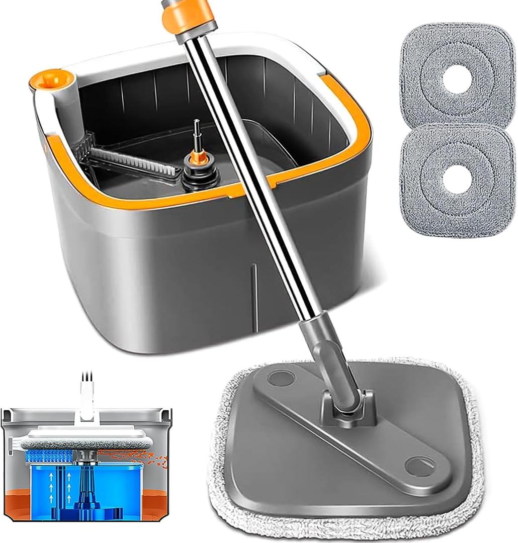 KZKR Spin Mop and Bucket Set with 2 Replaceable Microfiber Mop Pads with Self Separation Dirty and Clean Water System, Self Wringing 360 Rotating Square Mop Head for Hardwood Tile Marble Floors (1.0 Mop Bucket Set with 2 Pads)