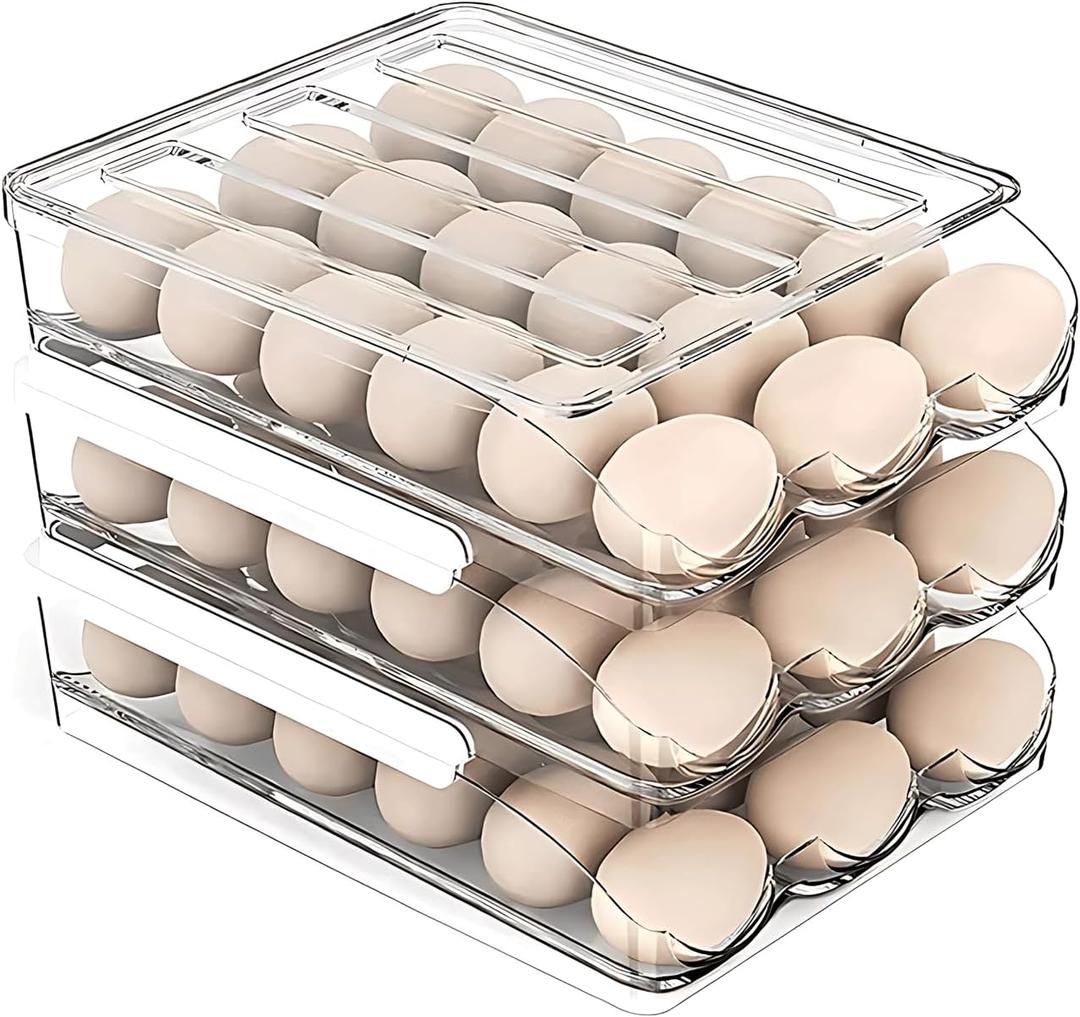 Egg Holder for Fridge, Automatic Rolling Egg Organizer for Refrigerator, Clear Plastic Storage for Refrigerator with Lid, Large Capacity Dispenser, Stackable Container (3 Layers Holder 54 Eggs)