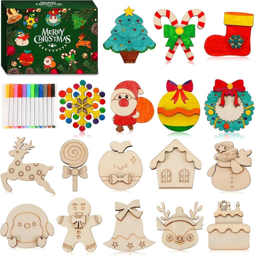 Worgree Christmas Crafts for Kids, 36pcs DIY Wooden Magnets Art Craft Supplies Painting Kit for Boys Girls Ages 4-8 8-12 Xmas Stocking Stuffers Toys Party Favors Gifts Goodie Bag Fillers Holiday Decor
