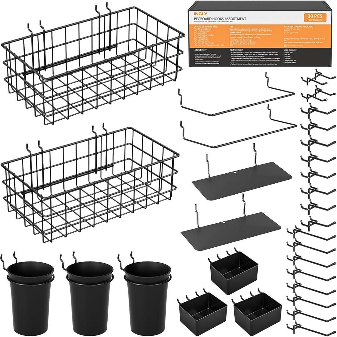 INCLY 30PCS Peg Board Organizer Accessories Kit, Pegboard Hooks Assortment with Bins, Cups, Wire Baskets and Paper Towel Holder for 1/ 8“ and 1/ 4” Pegboard Garage Workbench Craft Room Organizing Tools