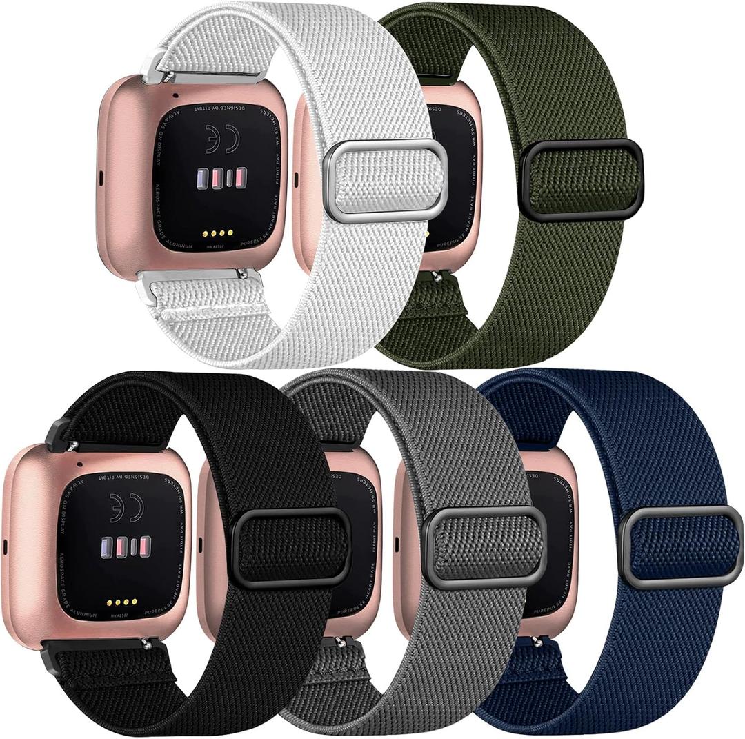5 Pack Bands Compatible with Fitbit Versa 2 Bands, Soft Adjustable Nylon Sport Band for Fitbit Versa Smart Watch Women Men (Dark Grey/Black/Navy Blue/White/Army Green)