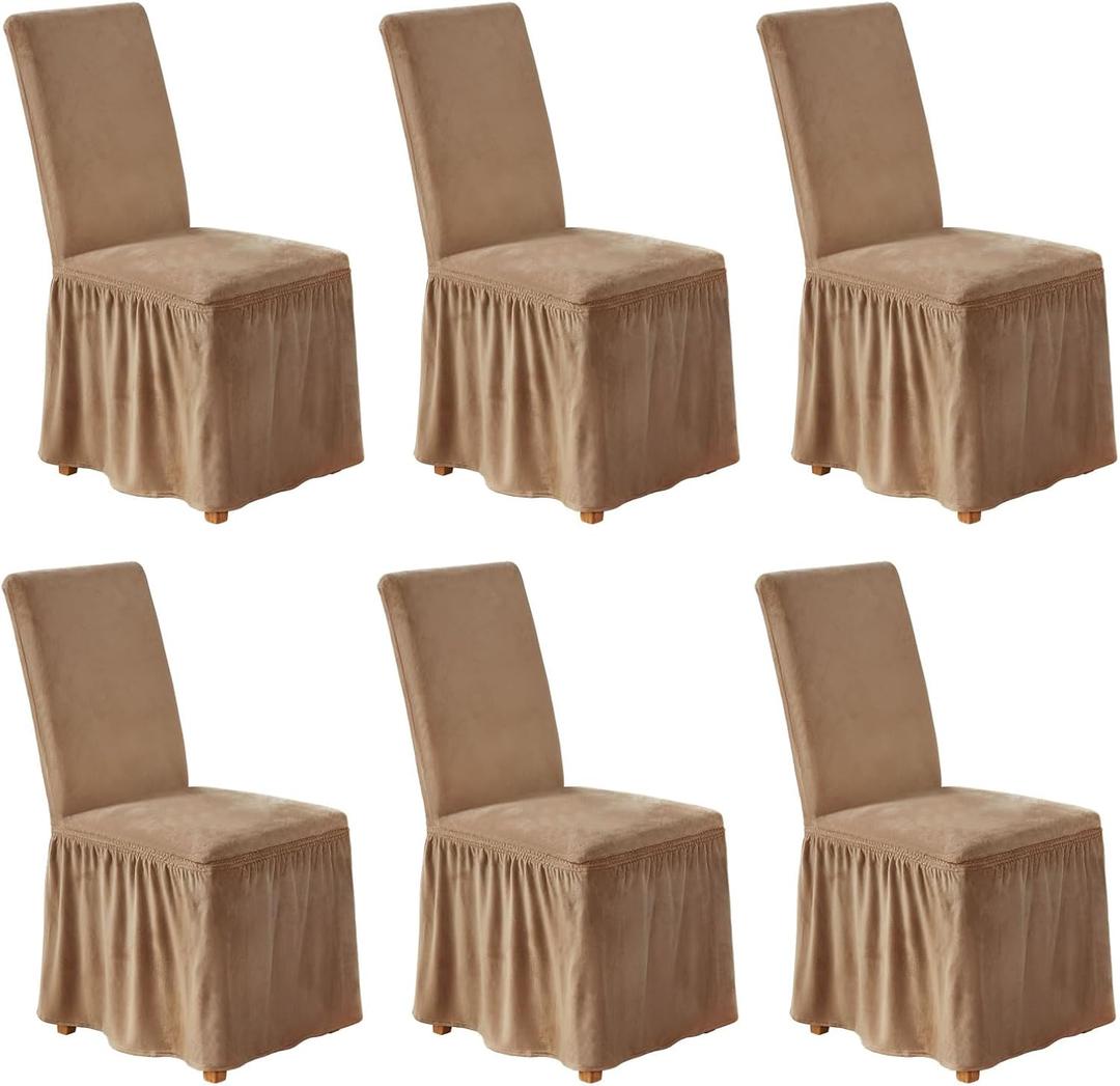 NICEEC Spandex Chair Covers for Dining Chairs Covers Set of 6 Removable Dining Room Chair Covers with Skirt Parson Chair Slipcovers Washable Chair Protector for Kitchen Wedding Party Banquet(Coffee)