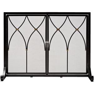 Plow & Hearth Metal Fireplace Screen Winchester Black | 38" W x 31" H | Dual Magnetic Hinged Doors | Spark Guard Cover | Stand Alone Wrought Iron Panel Fire Place Cover