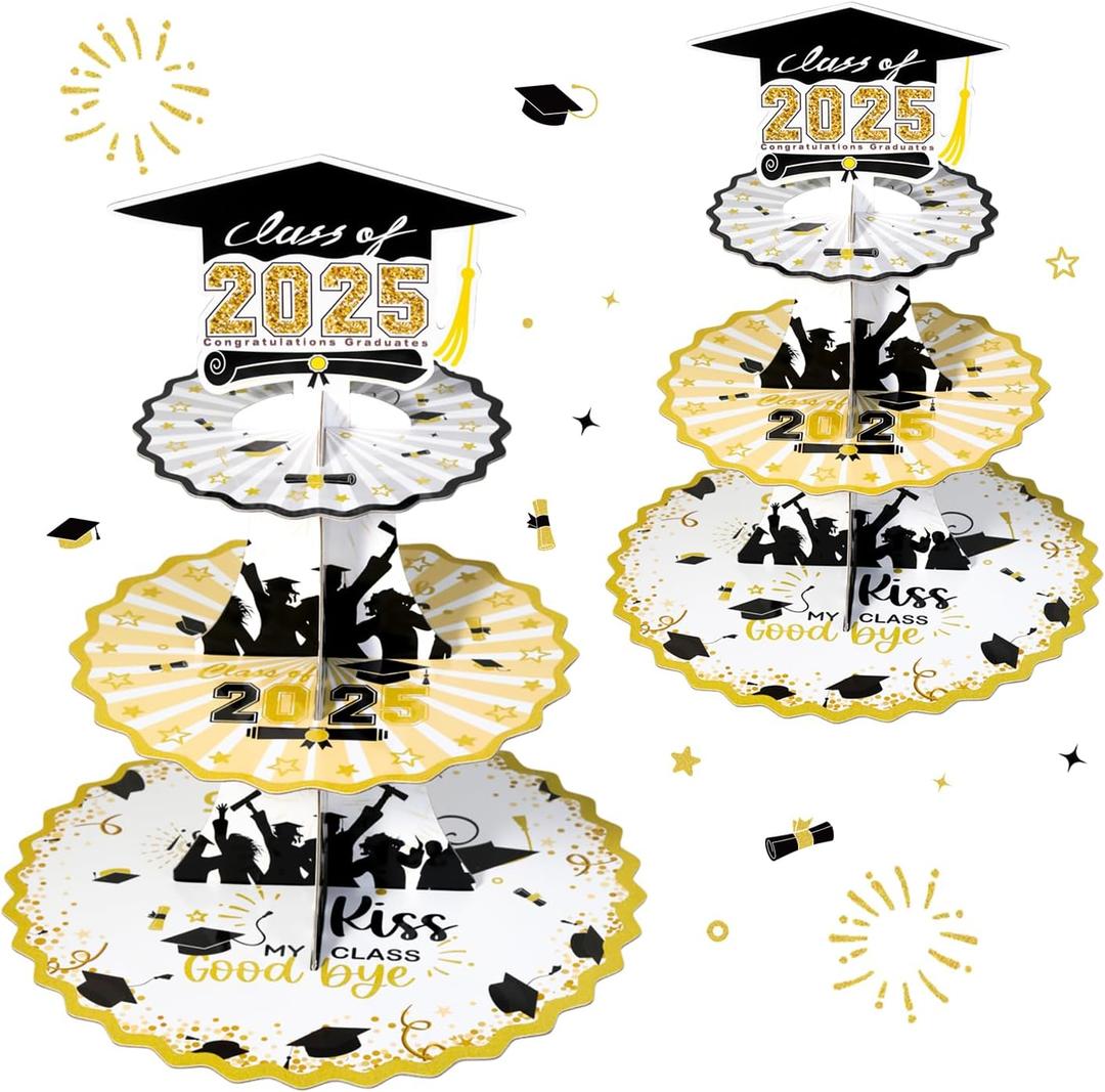 Set of 2 Graduation Cupcake Stand for 50 Cupcakes Black Gold Graduation Cap Decorations Cardboard Cake Dessert Holder Tower for Class of 2025 Congrats Grad Party Supplies