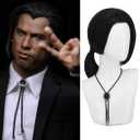 Mens Vincent Vega Wig Black Wig With Necklace for Vincent Vega Costume 70s Party Short Black Wigs for Party Halloween BU027BK1