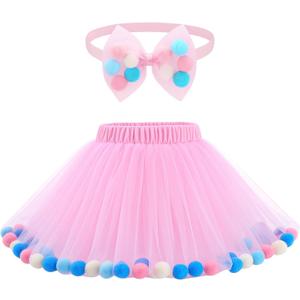 Tradder Tutu Skirt for Toddler Girl Colorful Floating Pom Pom Tulle Skirt Bow Headband Birthday Tutu Outfit Princess Ballet Dress(18-24 Months) Pink