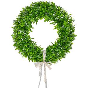 Lvydec Artificial Boxwood Wreath Decoration - 15" Spring Wreath with White Seeds and Silk Ribbon for Front Door Wall Window Decoration