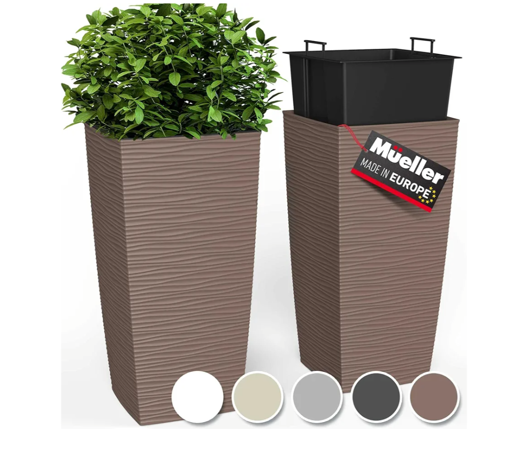 Mueller M-Resin Heavy Duty Tall Planters for Outdoor Plants, Indoor Grande Plant Pots, Boxes, Trees, Flower Pots, 2-Piece Set, 24”, Modern Design, Built-in Drainage, Front Porch Decor, Mocha