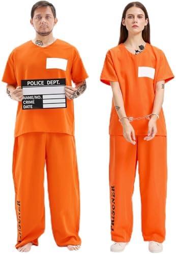Prisoner Costume Men Women, Orange Jumpsuit with Handcuffs, Mug Shot Sign & Number Stickers, Inmate Costume for Halloween large