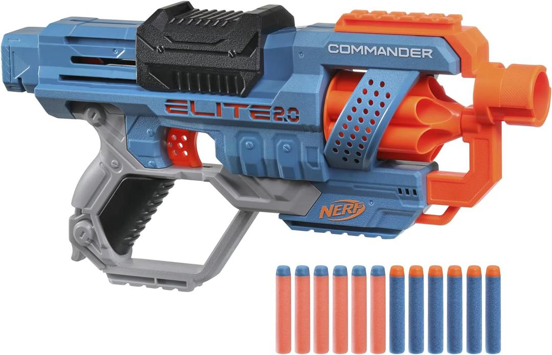 Nerf Elite 2.0 Commander RC-6 Blaster, 12 Elite Darts, 6-Dart Rotating Drum, Tactical Rails, Barrel and Stock Attachment Points Nerf Elite 2.0 Commander RC-6 Blaster, 12 Elite Darts, 6-Dart Rotating Drum, Tactical Rails, Barrel and Stock Attachment Points