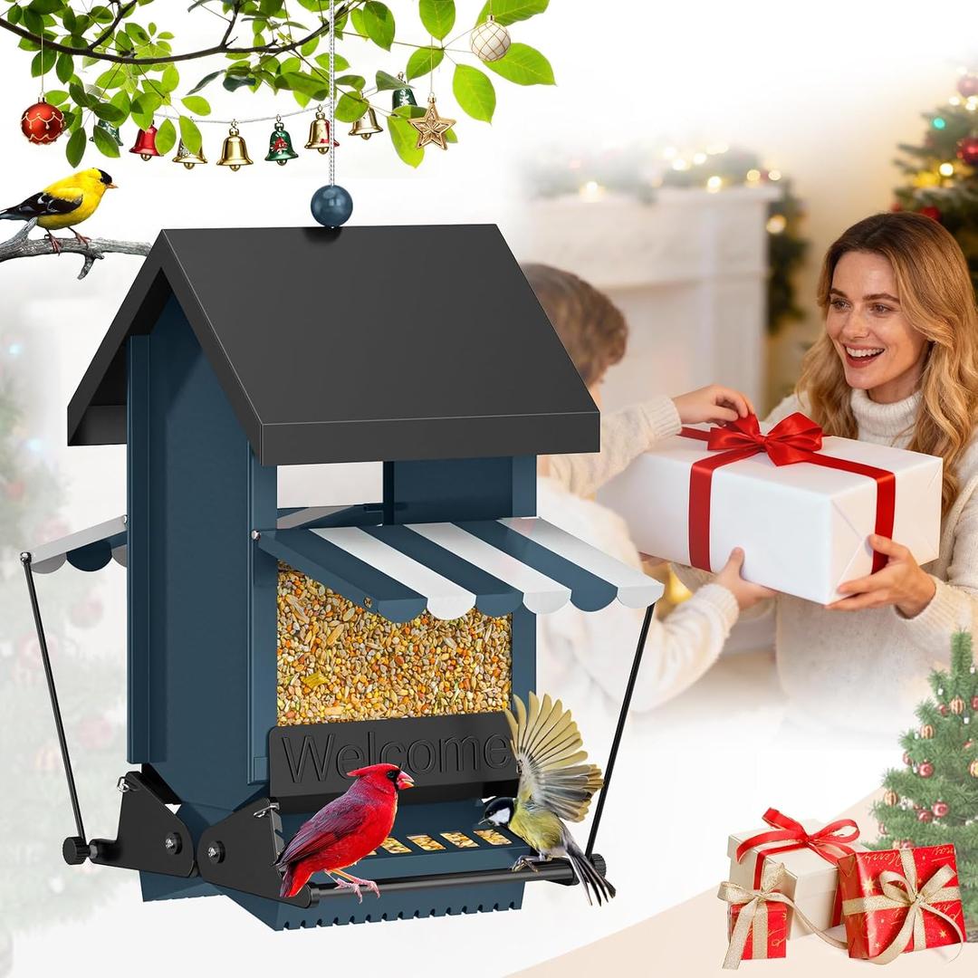 Squirrel Proof Bird Feeder Heavy Duty, 5LB Metal Hanging Bird Feeder for Outdoors with Weight-Activated, Easy to Fill & Clean, Wild Bird Feeder for Cardinals, Bluebirds, Finches, Chickadees& All Birds