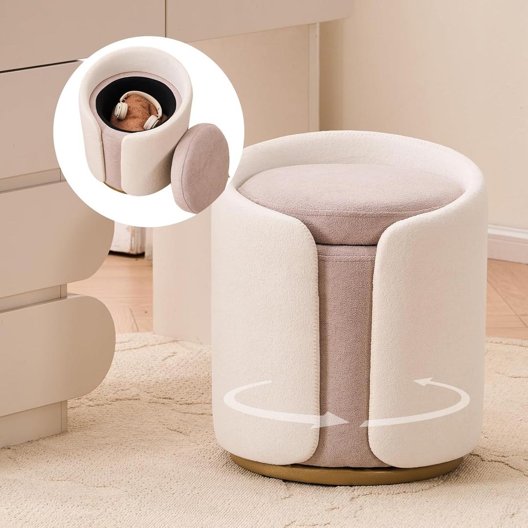 Vanity Chair with Storage, Round Boucle Vanity Stool No Wheels, Swivel Ottoman Chair with Upholstered for Women, Makeup Chairs Accent Stool with Back for Living Room, Gold Base, Beige