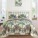 Luxudecor Tropical Plants Quilt Set Queen Size 3 Pieces Green and Brown Palm Botanical Bedspread Rainforest Style Bedding Set Soft Lightweight Bed Cover All Season 96"x90"