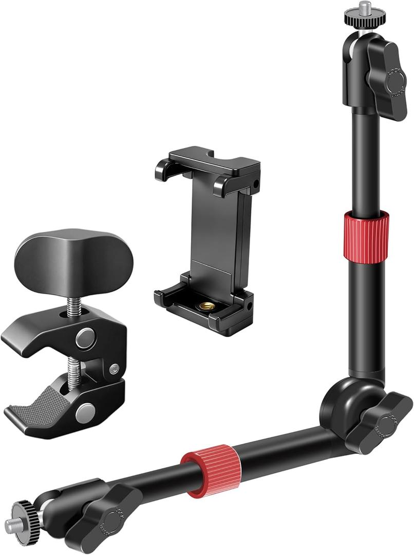 BZE Universal Retractable Magic Arm Clamp 11.8-15 Inch, Webcam Stand1/4" & 3/8" Thread with Phone Mount, Adjustable Camera Arm for Camera Lighting Mounting, Webcam, Action Camera, Smartphone (Red)