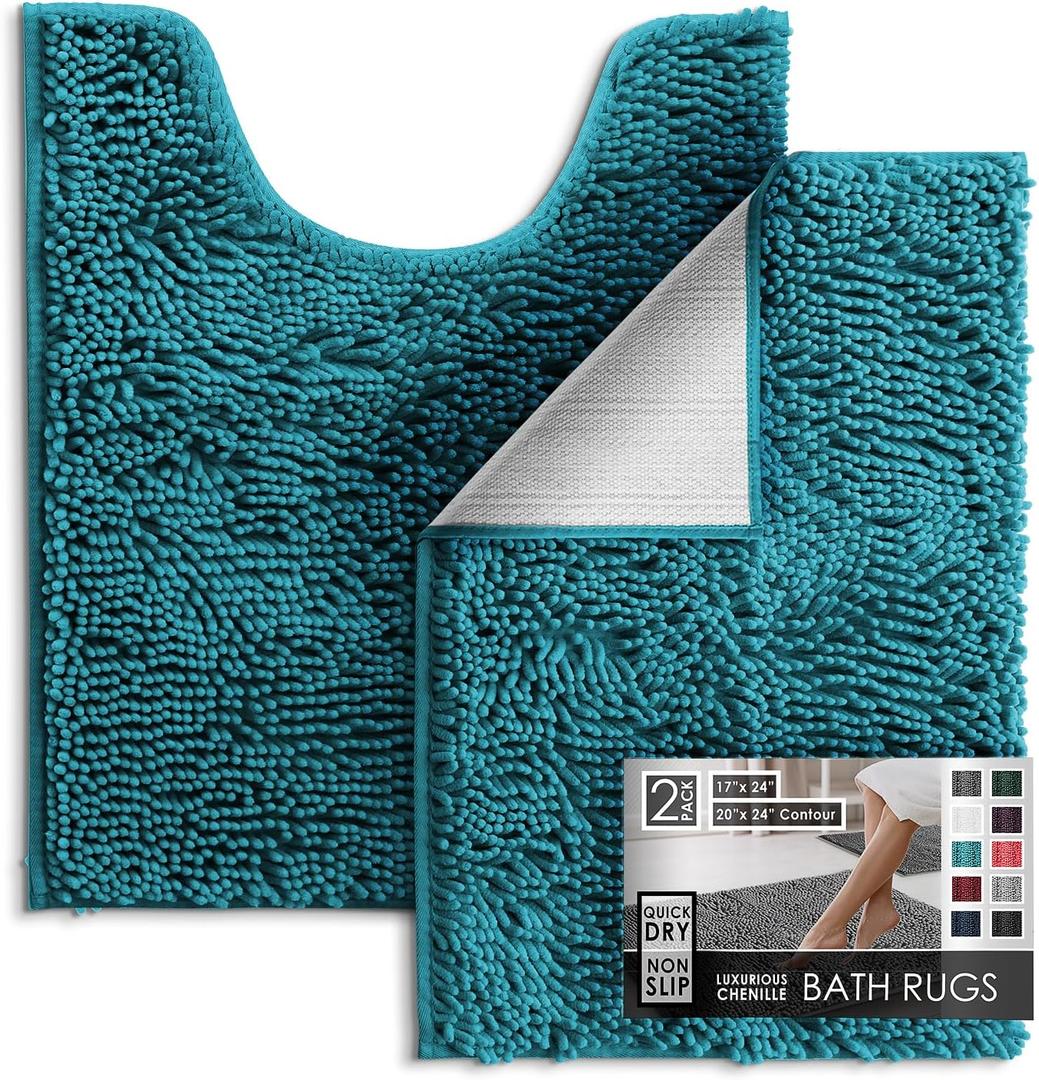Hearth & Harbor Bathroom Rugs, Chenille Bath Mat - Machine Washable Bath Mats for Bathroom Non-Slip Backing Rubber, Quick Dry Bathroom Mat - Hunter Green Bath Rug, 17x24-20x24 (Teal)