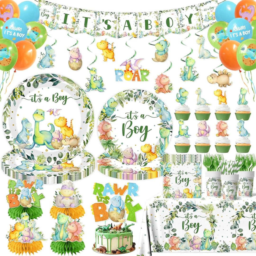 Dinosaur Baby Shower Decorations for Boy, It's a Boy Baby Shower Party Supplies Disposable Dino Plates Napkins Banner Tablecloth Cake Topper Balloon for Dinosaur Birthday Party Decorations, Serve 24
