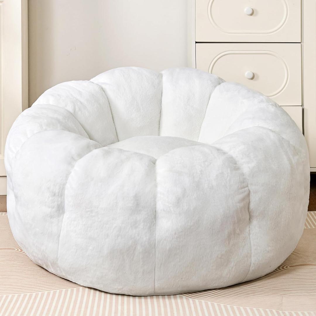 Flower Bean Bag Chair for Teens and Young Adults, Soft Faux Fur Floor Seating with Memory Foam, Aesthetic Room Decor Cozy Lounger for College Dorm, White, Large