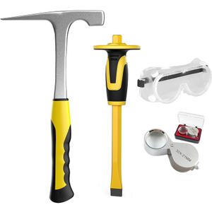 4pcs Geology Rock Pick Hammer Kit, Geology Hammer Tools, 32oz Rock Hammer & Chisels with jewelers loupe,goggles. Tool Set for Rock Hounding, Hounding,Gold Mining & Prospecting, Stone Breaking