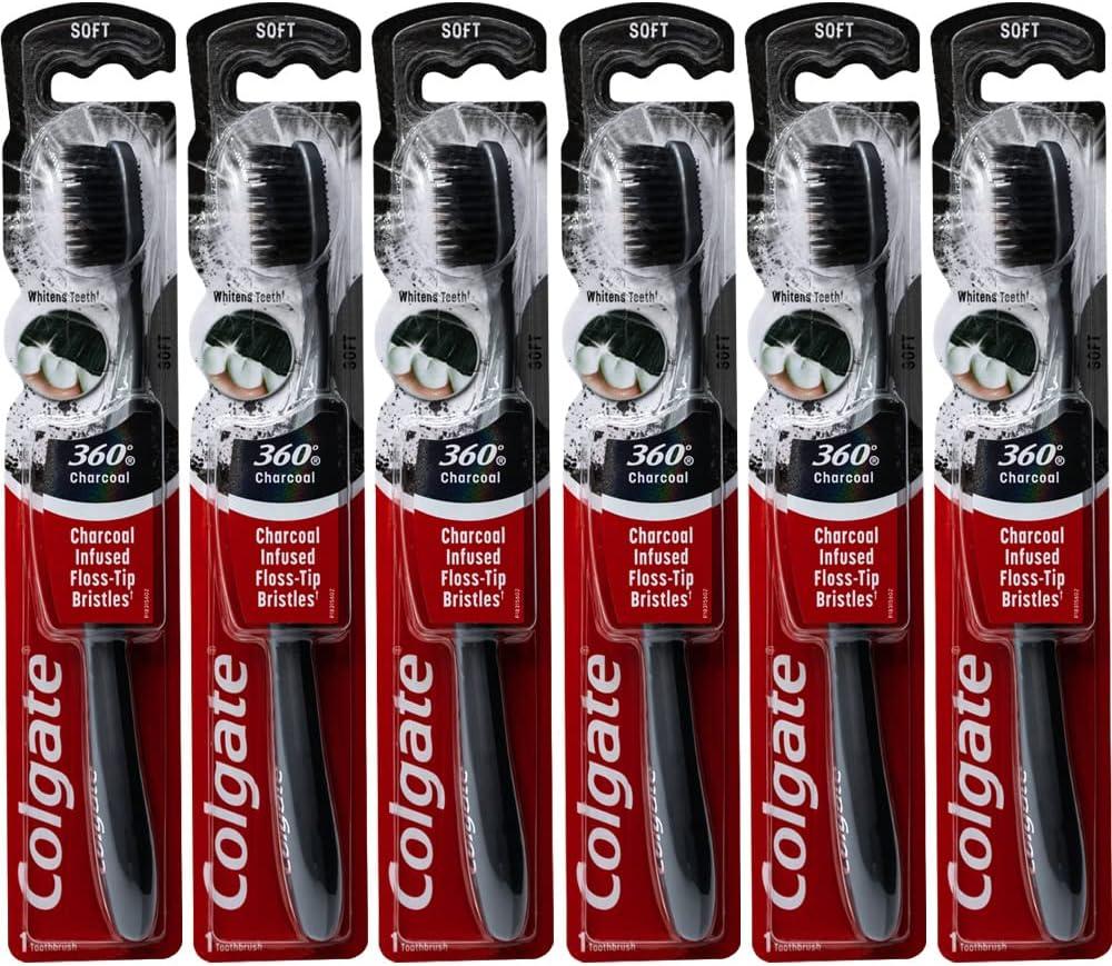 Colgate 360 Charcoal Infused Toothbrush, Floss-Tip Bristles, Soft (Colors Vary) - Pack of 6 (1 Count (Pack of 6), Black)