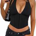 PINKMSTYLE Women Tank Tops Halter Corset Sexy Sleeveless Backless V Neck Asymmetrical Crop Top Summer Y2k Going Out Clothes (Black, S)