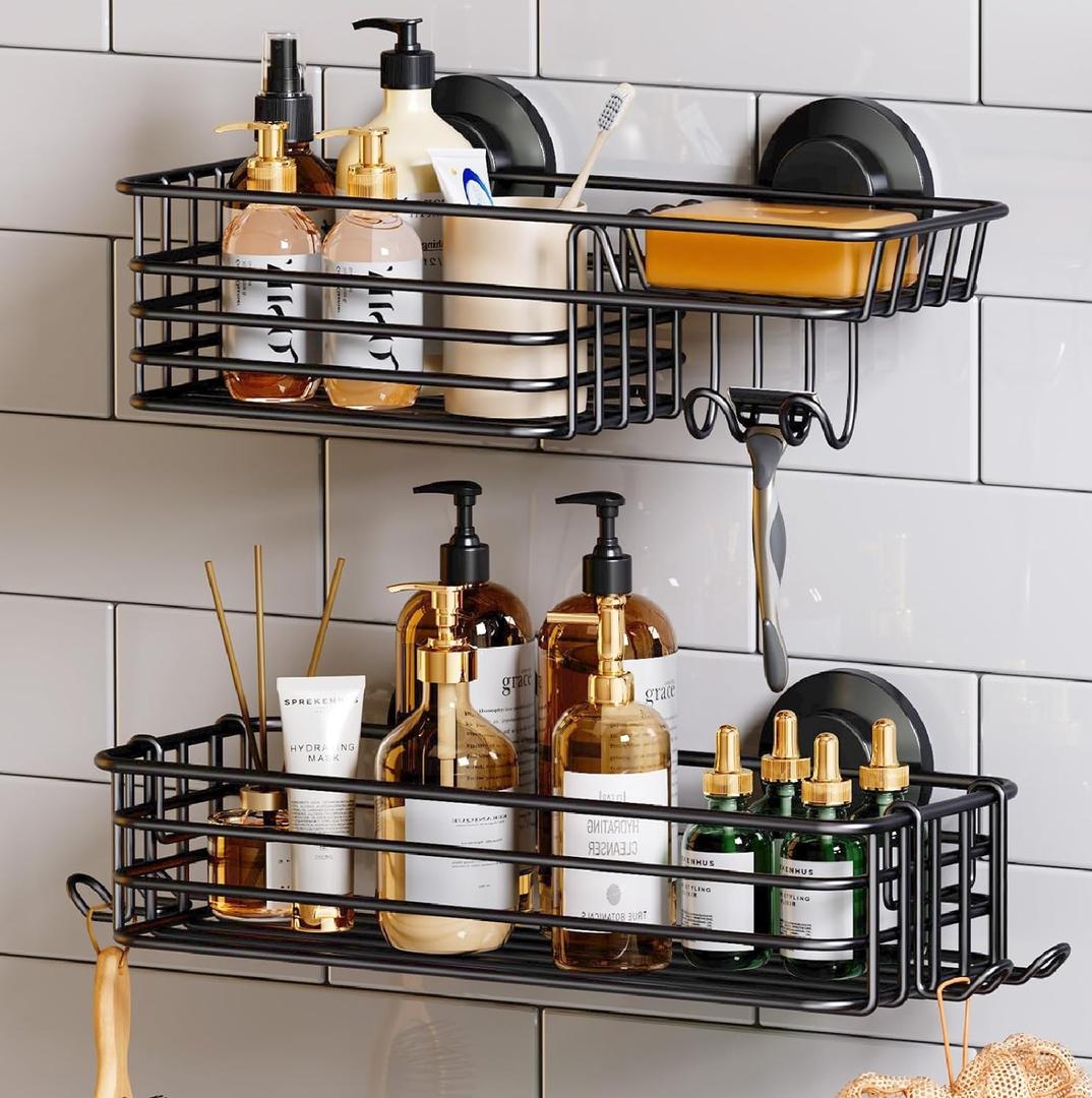 TAILI Shower Caddy Suction Cup 2 Pack with Hooks & Soap holder, Heavy Duty Shower Organizer for Bathroom, No Drilling Bathroom Organizer with Large Capacity, Black Metal Storage Basket