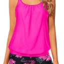 Tempt Me Women Two Piece Tankini Swimsuits Blouson Modest Swim Top Boyshort Bathing Suits (Pink, M)