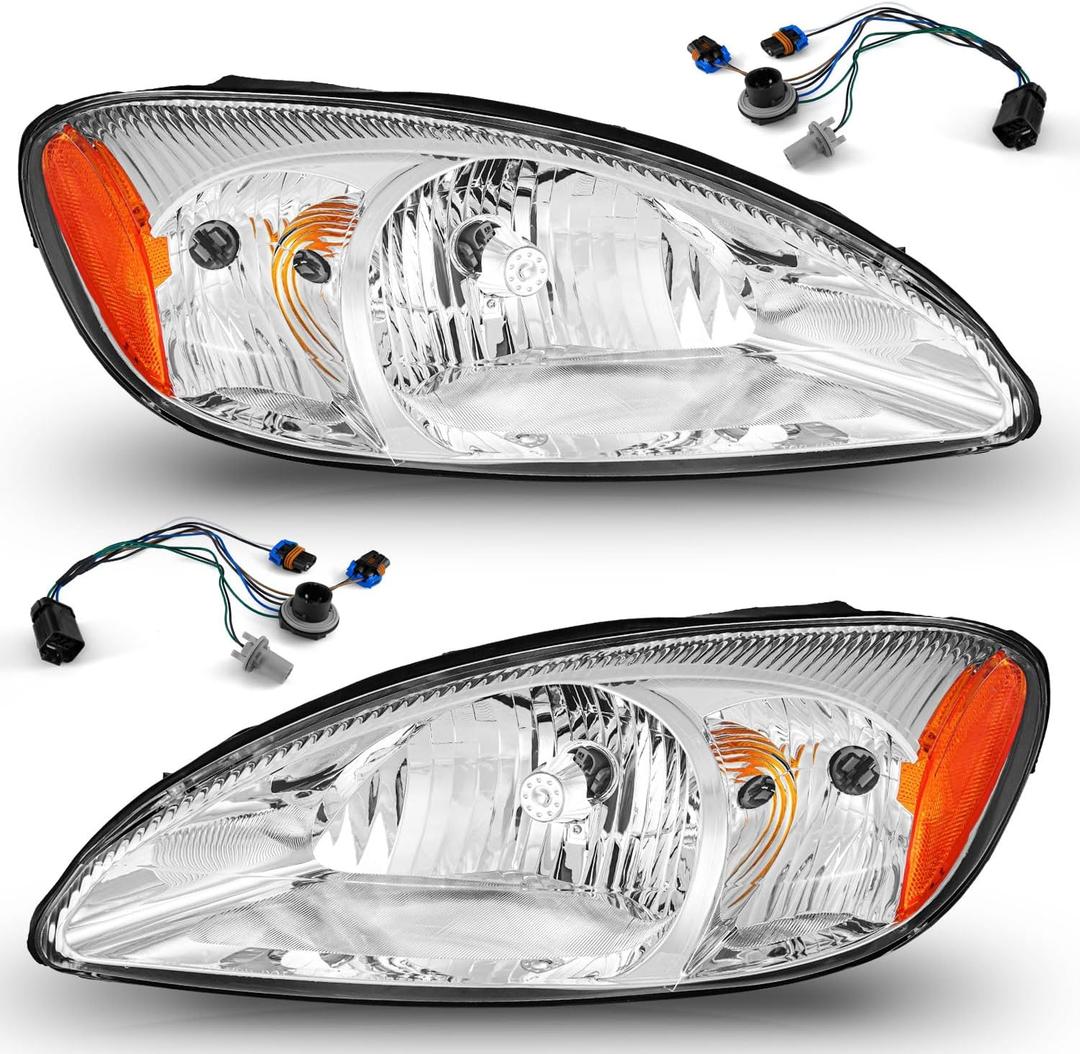 WEELMOTO Headlights Assembly For 2000-2007 Ford Taurus Headlight Assembly Replacement For 2000 2001 2002 2003 2004 2005 2006 2007 Ford Taurus Headlamp Chrome Housing Amber Reflector Left + Right Side