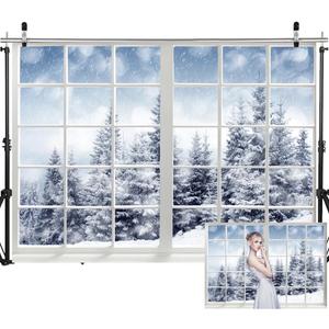 8X6FT Snow Window Background Winter Wonderland Forest Scene Backdrop for Photography Christmas Party Decorations Supplies Banner Photoshoot Photo Studio Props DH-853