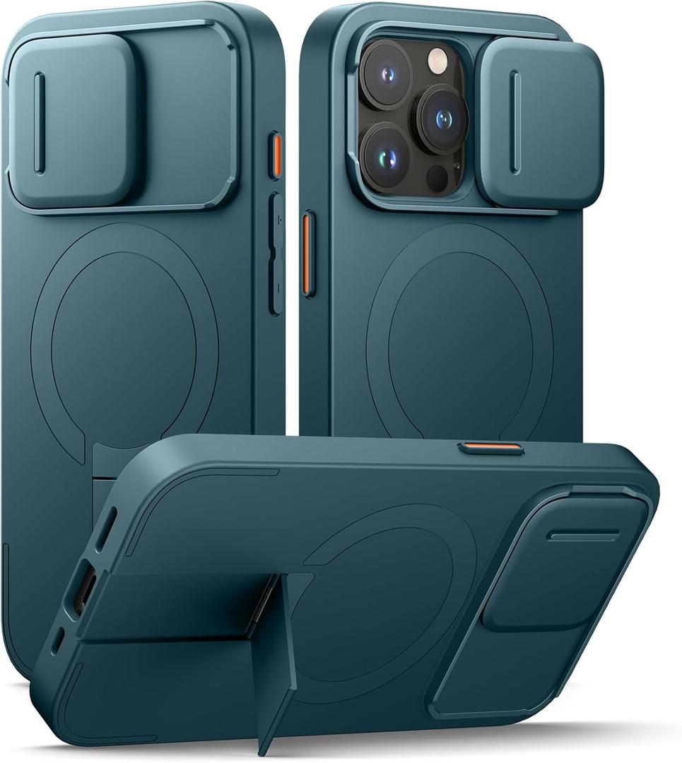 SURITCH for iPhone 15 Pro Case with Magnetic Camera Slide Cover and Adjustable Kickstand, Compatible with MagSafe, Shockproof Bumper Case Slim Protective Cover 6.1 Inch, Lake Green