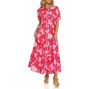 Wenrine Womens Casual Shirt Dress Floral Collared Short Sleeve Button Down Drawstring Waist Loose Summer Maxi Dresses (Medium)