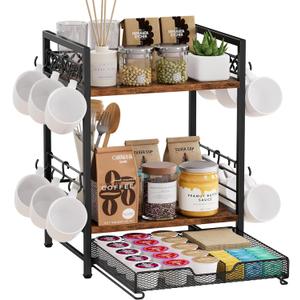 Coffee Bar Organizer Countertop, 3 Tier Mug Cup Holder Stand with 12 Hooks, 25 K Cup Coffee Pod Drawer with Mug Rack, Multifunctional Shelf for Accessories Kitchen (Black)