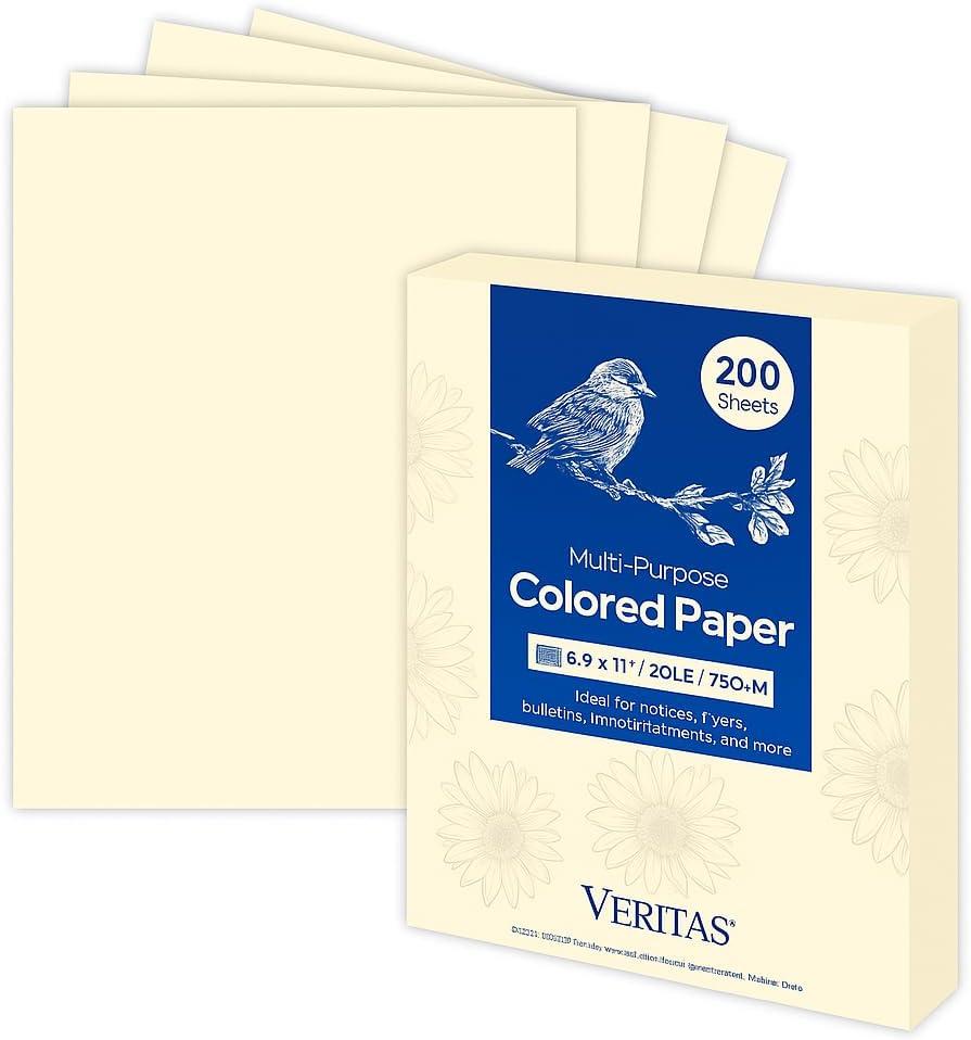 Veritas Colored Copy Paper, Cream Multi-Purpose paper,Colored Printer Paper 8.5 x 11, 20 lb / 75 GSM, Cream,200 Sheet, Made in USA
