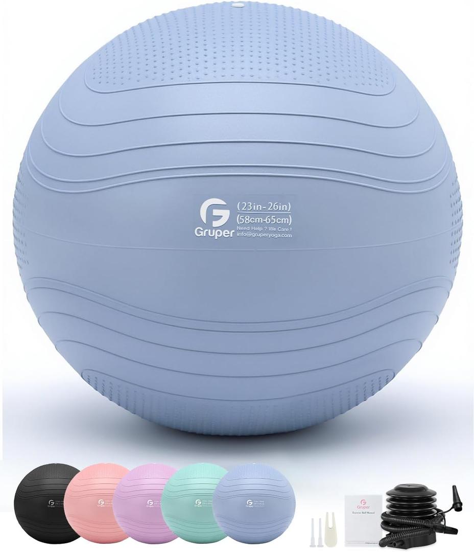 Gruper Yoga Ball, Extra Thick Exercise Ball for Workout Pregnancy Stability - 4 Sizes Anti Burst Balance Ball for Yoga, Pilates, Fitness, Birthing, Physical Therapy - Includes Pump