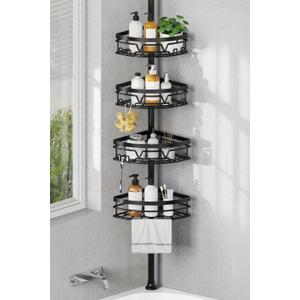 KEGII Corner Shower Caddy Tension Pole, Large Capacity 4-Tier Shower Organizer with Towel Bar, Adjustable 52-114.2 Inch No-Drill Rustproof Bathroom Corner Shelf with Hooks & Razor Holder, Black