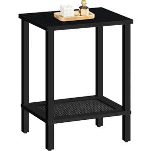 HOOBRO End Table, Small Side Table with 2-Tier Storage Shelves, Nightstand with Faux Rattan Decoration, for Small Space, Living Room, Bedroom, Black BK91BZ01