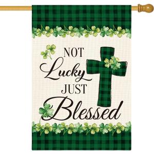 AVOIN colorlife Lucky Clover St Patricks Day House Flag Double Sided, Buffalo Plaid Rustic Farmhouse Shamrock Yard Outdoor Flag 28 x 40 Inch