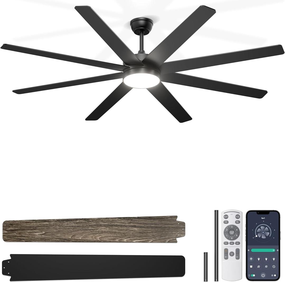 72'' Large Ceiling Fans with Lights, Modern Black Ceiling Fan Remote/APP Control, Dimmable, Quiet DC Motor Big Ceiling Fan for Indoor/Covered Outdoor
