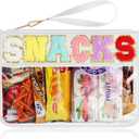 Snack Bag for Travel - Clear Chenille Varsity Letter Flat Pouch with Zipper, 12.28.46 Inch Waterproof Clear Nylon Preppy Patch Makeup Cosmetic tote Bags for Women Girls