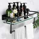 20-inch Glass Shelf with Towel bar, Matte Black-Finished Rail, Rectangular Stainless Steel Shelf, Wall-Mounted Storage Rack, 20-inch with Railing