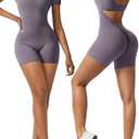 Short Sleeve Jumpsuit Workout for Women Square Neck One Piece Backless Tummy Control Bodycon Scrunch Butt Yoga Rompers, Size: XS